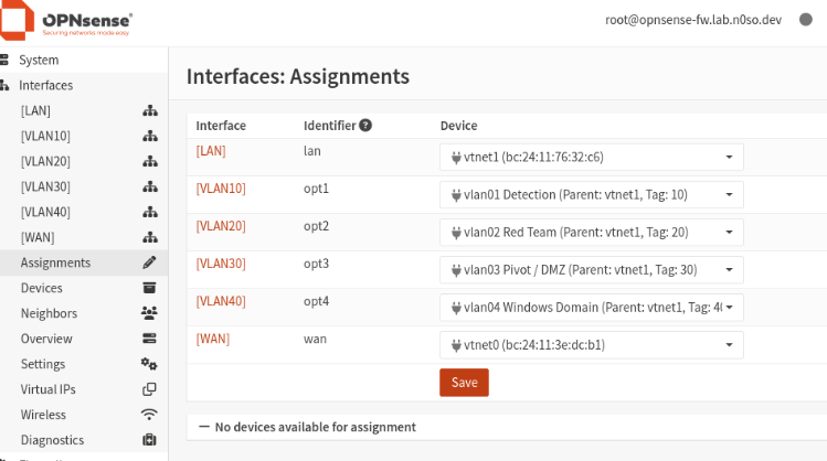 OPNsense interface assignments VLAN10 through VLAN40