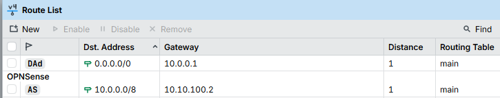 MikroTik static route to lab via OPNsense WAN at 10.10.100.2