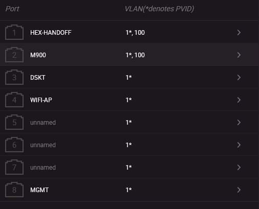 Netgear VLAN table showing VLAN 100 with ports 1 and 2 as tagged members