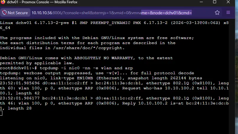 tcpdump showing bidirectional VLAN 100 ARP exchange between OPNsense and MikroTik